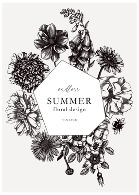 Summer flowers card or invitation template. Hand-sketched garden plants abstract werath in engraved style. Botanical illustration with flower outlines. Perfect for banners, wedding or event design